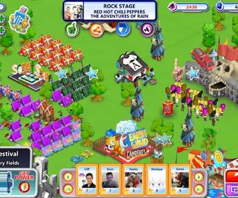 Screenshot from a simulation game depicting a music festival setup with tents, stages, and character avatars.