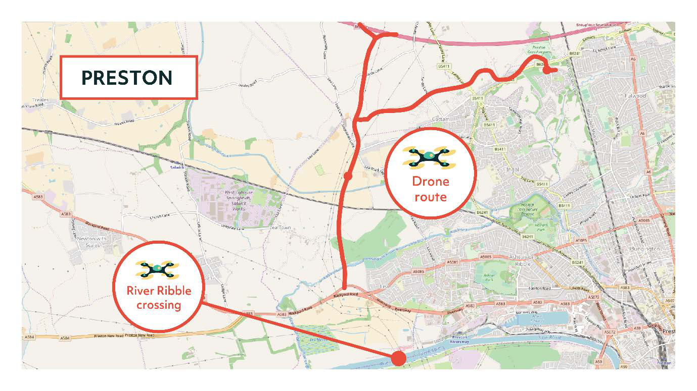 Map of Preston showing a red drone route and a River Ribble crossing point.