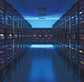 A long, blue-lit server room with rows of data racks extending into the distance, illustrating an IT infrastructure.