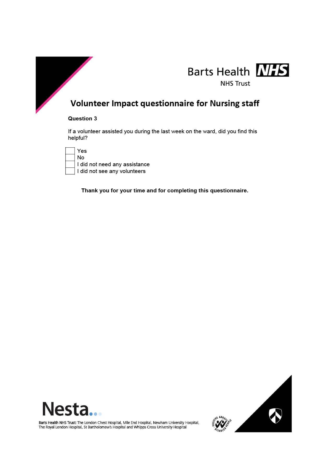 The second page of a volunteer impact questionnaire, with a question about assistance from a volunteer and a thank you message.