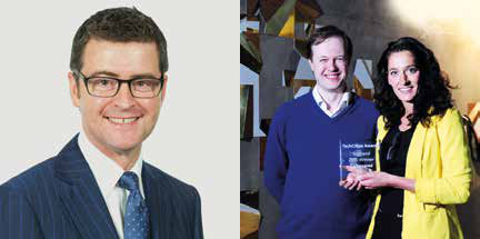 Split image showing a smiling man in a suit on the left and a man and woman holding an award on the right, likely depicting personnel or award winners.