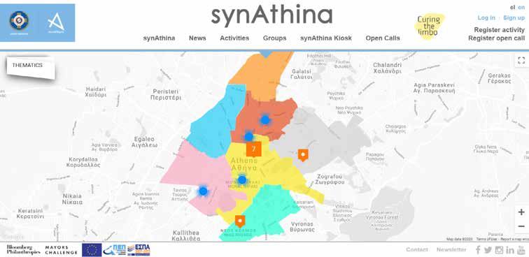 Screenshot of the synAthina website showing a map of Athens divided by district with marked activity locations.