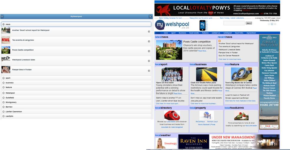 Two web page screenshots: one is a simple search results page, the other is a busy homepage for "my welshpool" with news, categories, and various small illustrative images.
