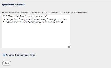 Screenshot of the "Spacehive crawler" interface showing an input field populated with keywords for company types and options to create a statistics file and run the crawler.