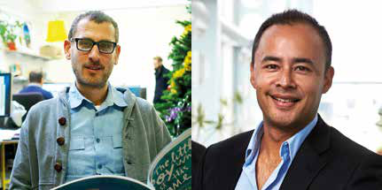 Split image showing a man with glasses in an office on the left, and a smiling man in a blue shirt and suit jacket on the right.