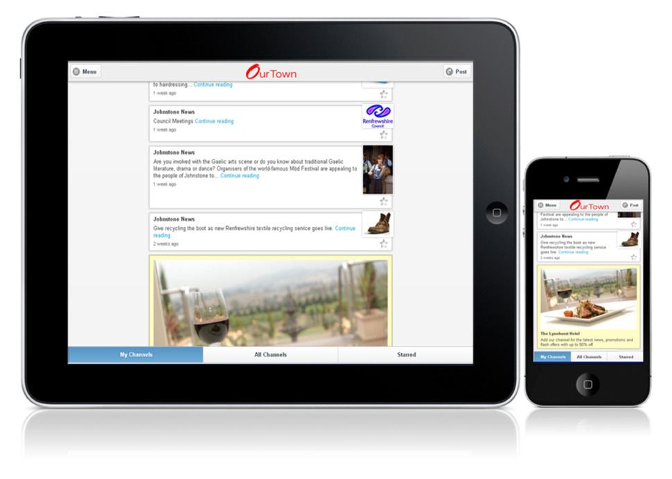Tablet and smartphone displaying the "Our Town" app, showing a news feed with articles and small illustrative images, demonstrating multi-device compatibility.