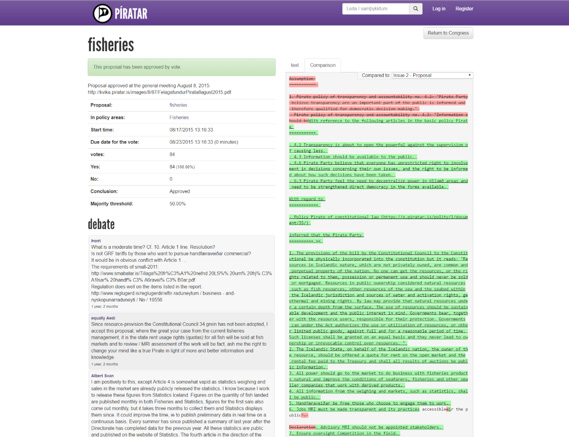 Screenshot of an online platform displaying a proposal on fisheries, debate comments, and a comparison of policy texts with highlights.