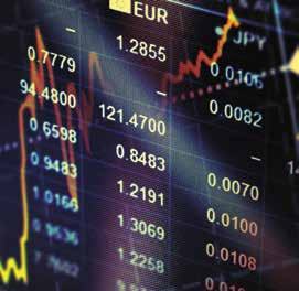 A digital screen displaying financial market data with currency exchange rates, numbers, and trending graphs for various currencies like EUR and JPY.