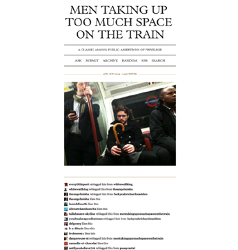 Screenshot of a webpage titled 'MEN TAKING UP TOO MUCH SPACE ON THE TRAIN', showing men on a train and a list of social media interactions.