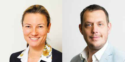 Side-by-side headshots of two individuals. The left is a smiling woman, and the right is a smiling man.