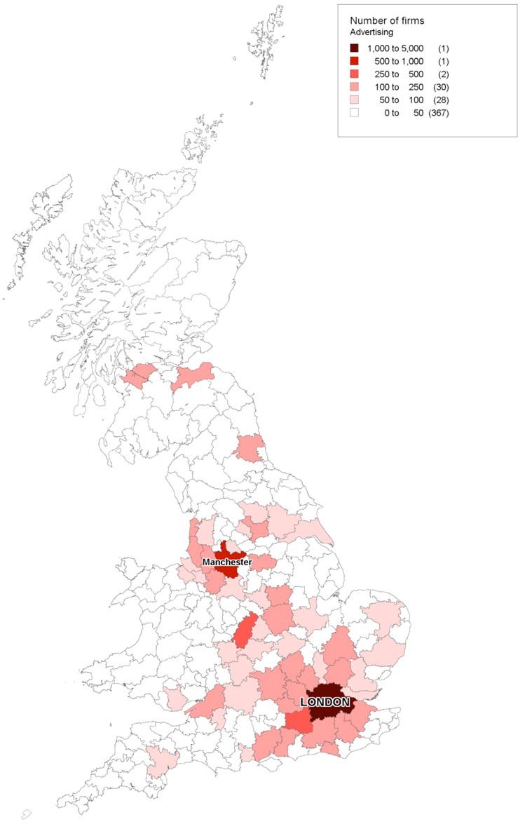 Map of the UK showing the number of advertising firms per region, with higher concentrations in London and Manchester.