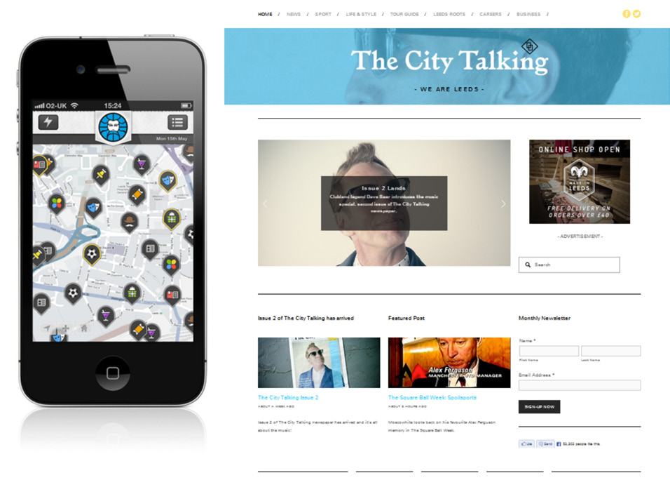 Smartphone displaying a map with diverse icon pins for points of interest, alongside a "The City Talking" website screenshot featuring a main image and content sections.