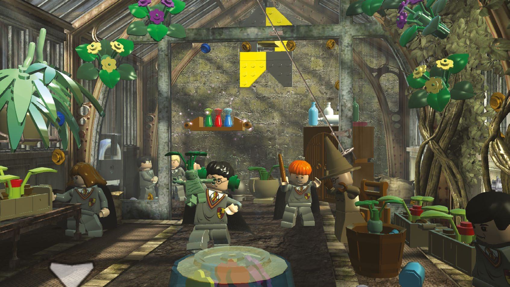 Screenshot from Lego Harry Potter game showing Harry, Ron, and other Lego figures in a greenhouse with magical plants and potions.
