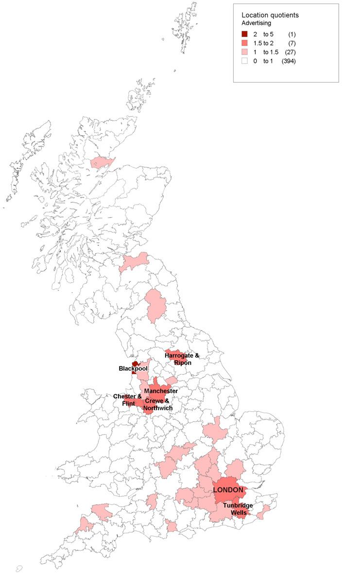 Map of the UK showing location quotients for Advertising, highlighting regional concentrations and specific towns.