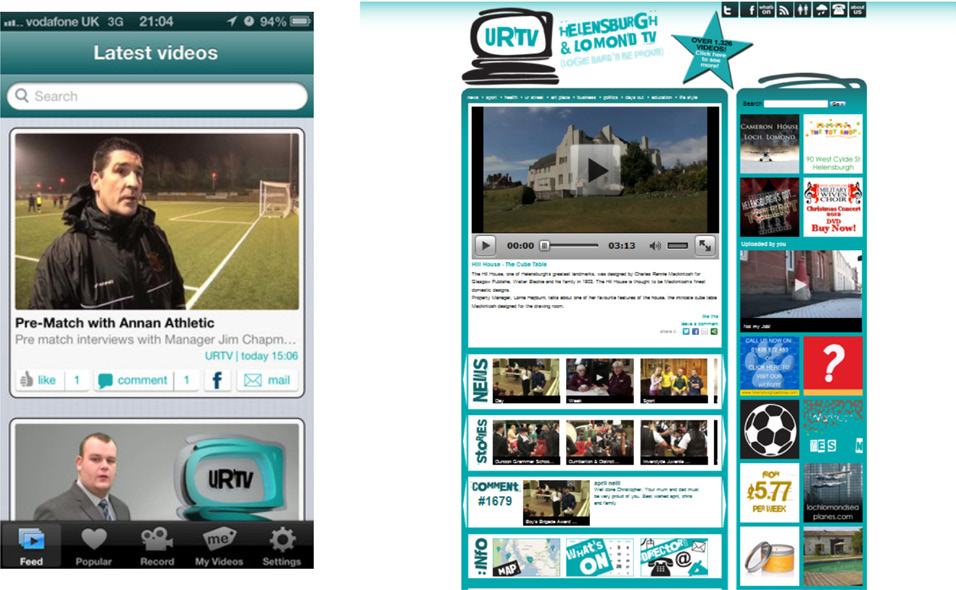 Smartphone and desktop website displaying "URTV" video content, including a football interview, a video of a house, and multiple video thumbnails.