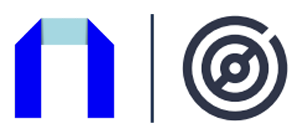 Two graphic symbols: a blue 'A' or house shape and a dark grey target icon, separated by a vertical line, likely representing related concepts or entities.