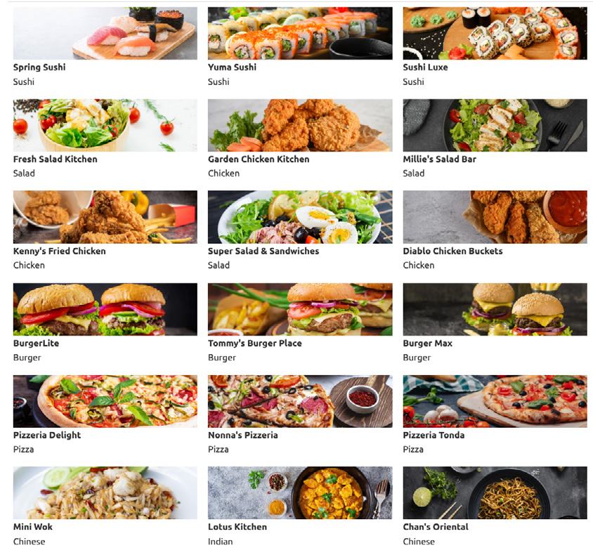 Grid of restaurant options with food images, names, and cuisine types, like "Spring Sushi" and "Pizzeria Tonda."