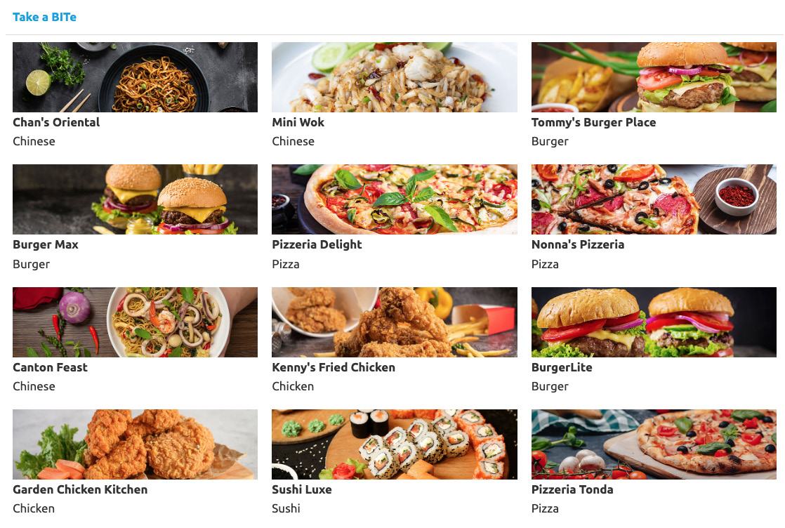 Screenshot of a food delivery interface showing a grid of restaurants like 'Chan's Oriental' and 'Pizzeria Delight' with dish photos and cuisine types.