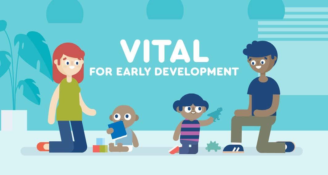 Illustration of diverse adults and children playing with toys, with the text "VITAL FOR EARLY DEVELOPMENT".