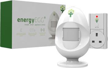 Product photo of an "energyEGG" smart appliance control system, including the main device, wall plug, and packaging.