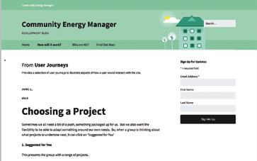 Screenshot of a "Community Energy Manager DEVELOPMENT BLOG" web page, showing a blog post section and a "Sign Up For Updates" form.