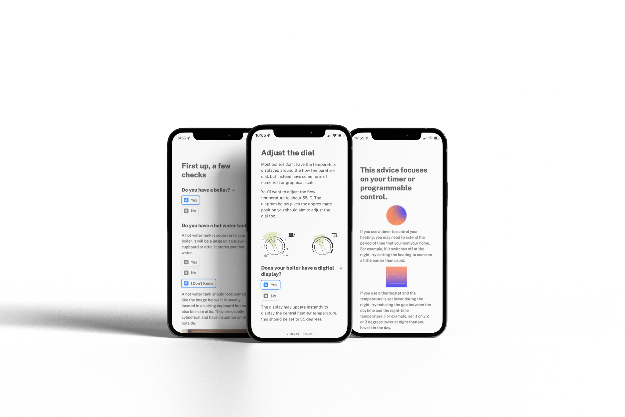 Three mobile phone screens showing an app interface for adjusting boiler settings, with questions, diagrams of dials, and advice.