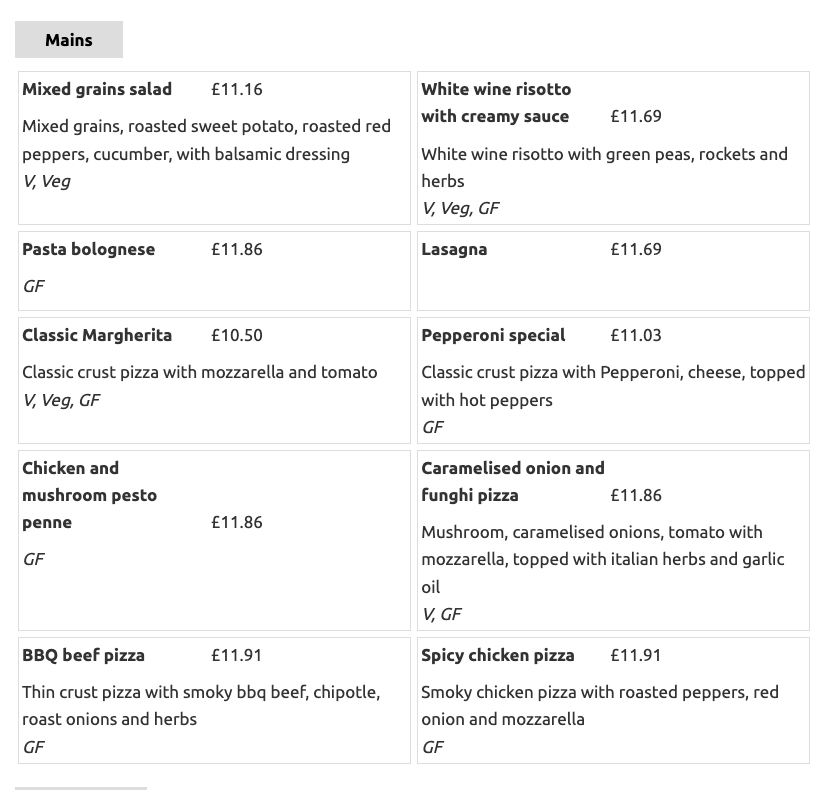Menu list for "Mains" section, showing items like "Mixed grains salad" and "White wine risotto" with prices, descriptions, and dietary info.