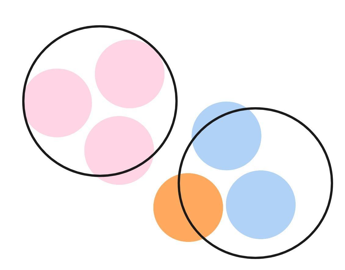 Overlapping Venn diagram showing two sets of colored circles: one with three pink, the other with one orange and two blue circles.