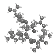 A 3D ball-and-stick model of a complex molecular structure, showing interconnected atoms and bonds.