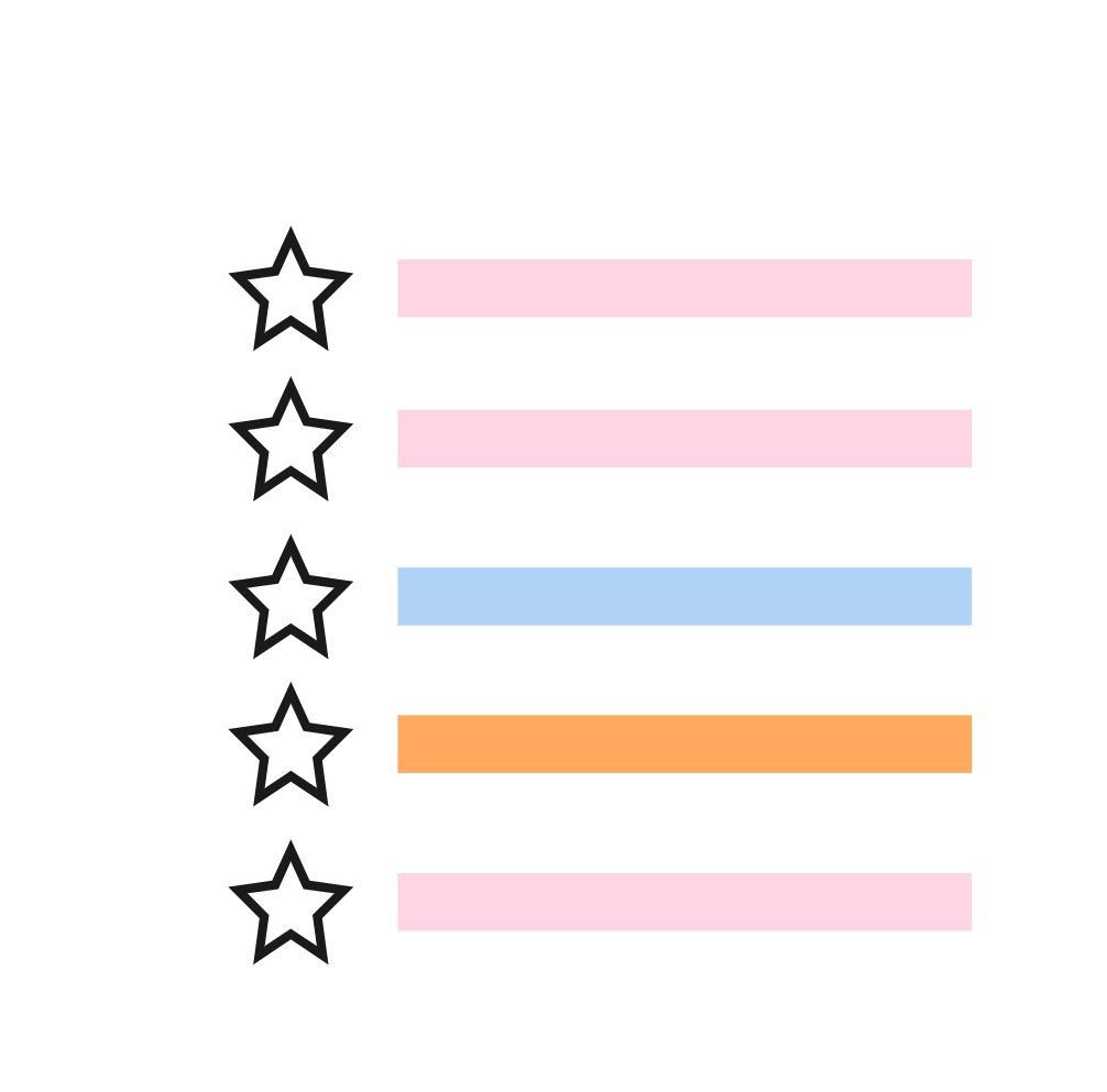 Five stars in a vertical list, each aligned with a horizontal colored bar. Bars are pink, pink, blue, orange, pink.