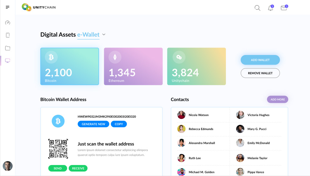 Unitychain e-Wallet interface showing digital asset balances for Bitcoin, Ethereum, and Unitychain, along with a Bitcoin wallet address, QR code, and contact list.