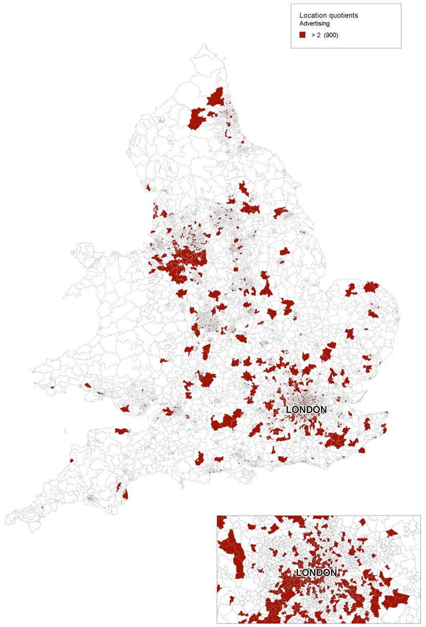 Map of England showing regions with location quotients greater than 2 for Advertising, with a London zoom.