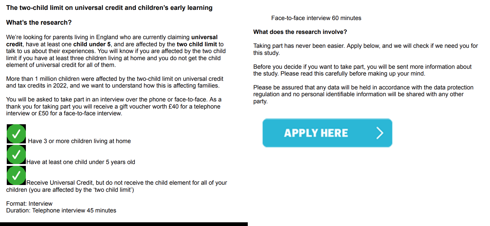 Screenshot of a research study advertisement about the two-child limit on universal credit, showing eligibility criteria with green checkmarks and an "APPLY HERE" button.