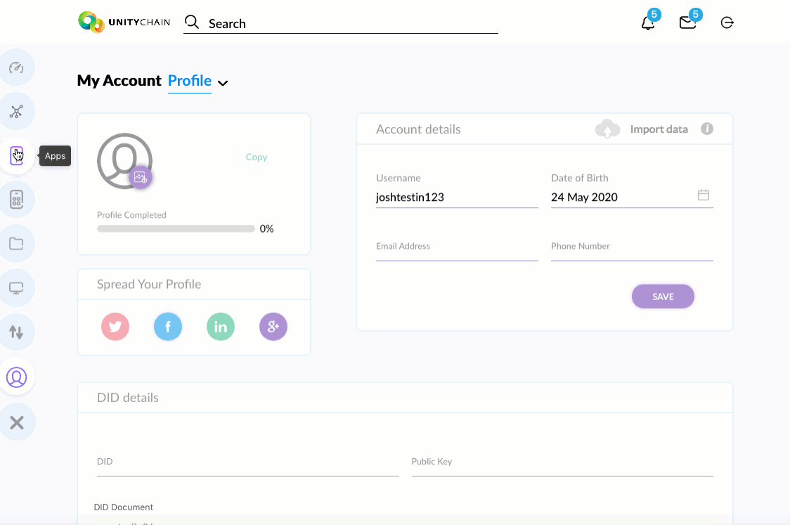 Unitychain "My Account Profile" interface displaying account details like username, date of birth, email, and DID information, plus social media sharing options.