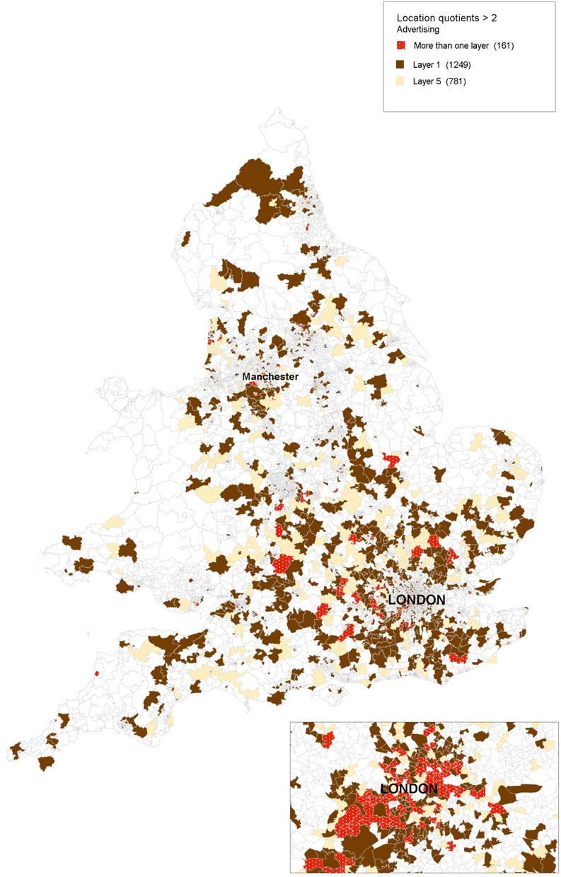 Map of England showing location quotients greater than 2 for Advertising across two layers, highlighting London and Manchester, with a London zoom.