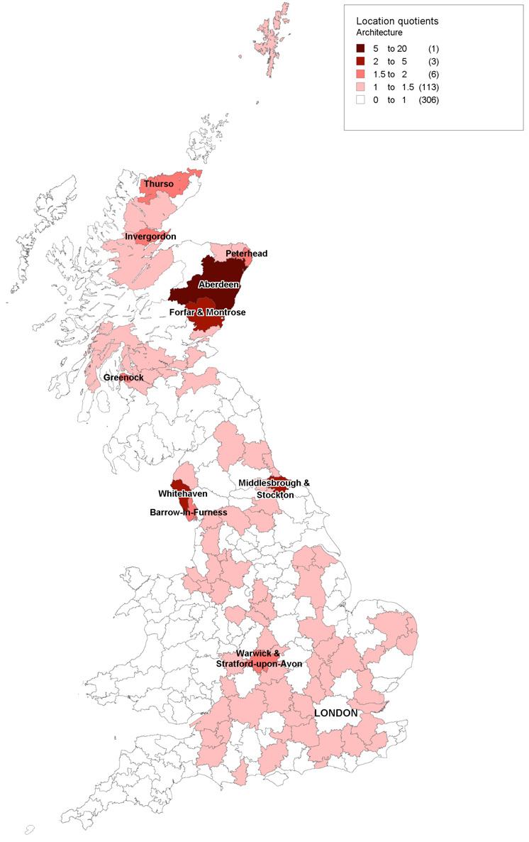 Map of the UK showing location quotients for Architecture, highlighting regional concentrations and specific towns.