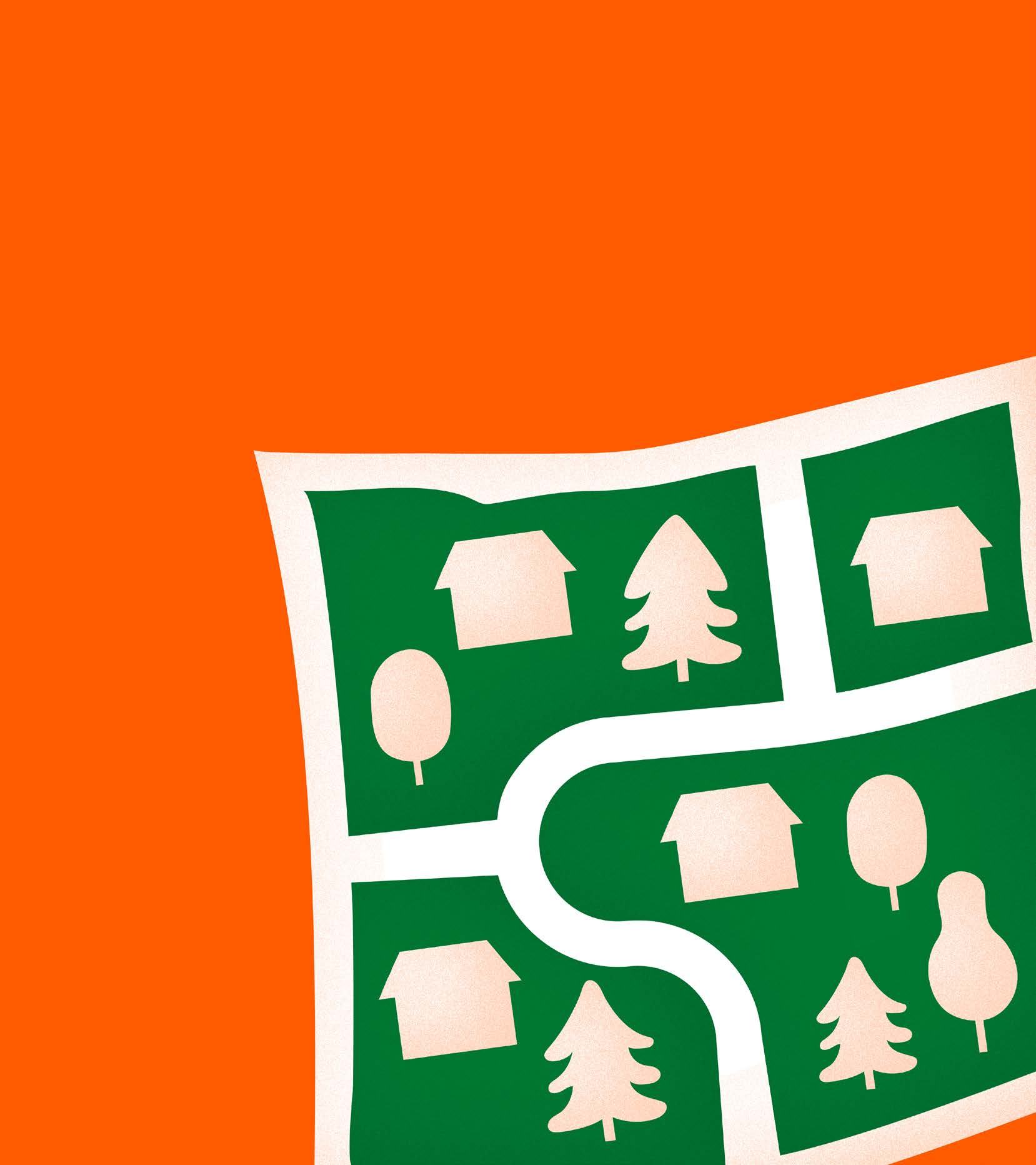 Stylized map illustrating a neighborhood with houses, trees, and roads on a green background.