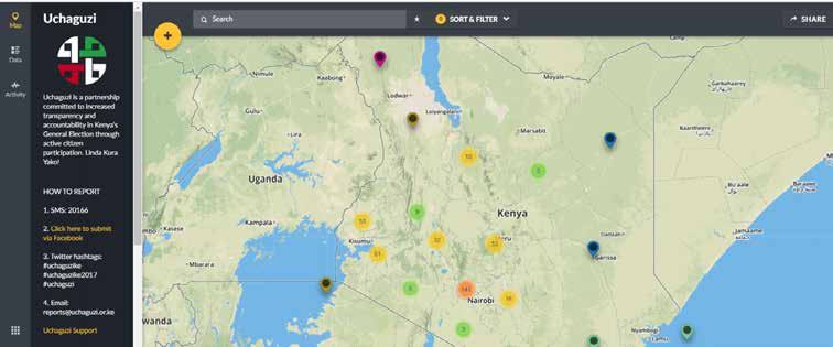 Screenshot of the Uchaguzi web platform showing a map of Kenya with various colored pins marking different event locations and reporting information.