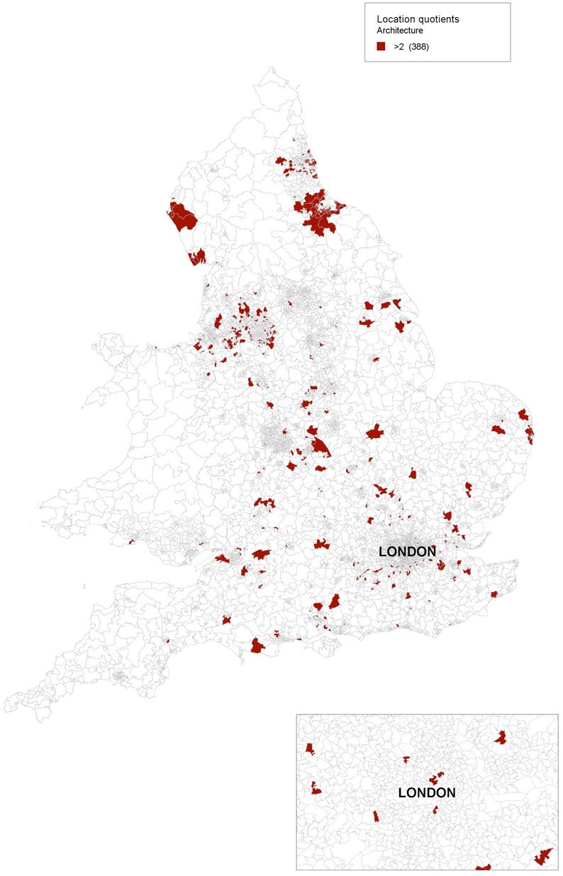 Map of England showing regions with location quotients greater than 2 for Architecture, with a London zoom.