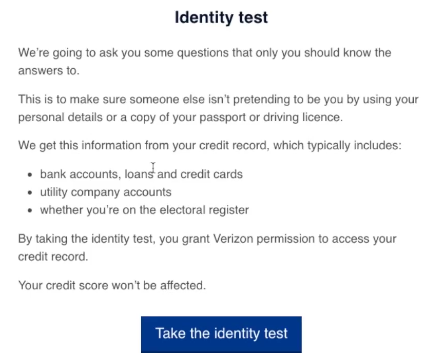 Screenshot of an "Identity test" page, explaining how an identity test works and what information is used.