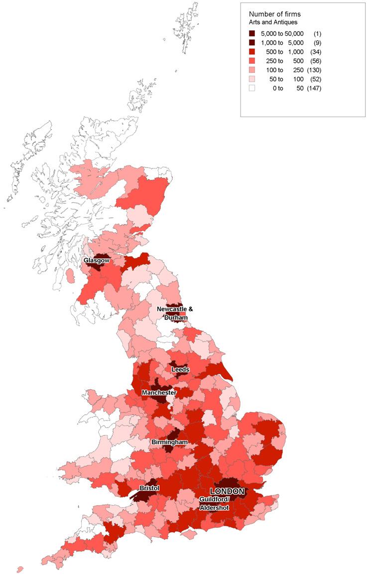 Map of the UK showing the number of Arts and Antiques firms per region, with higher concentrations in major cities.