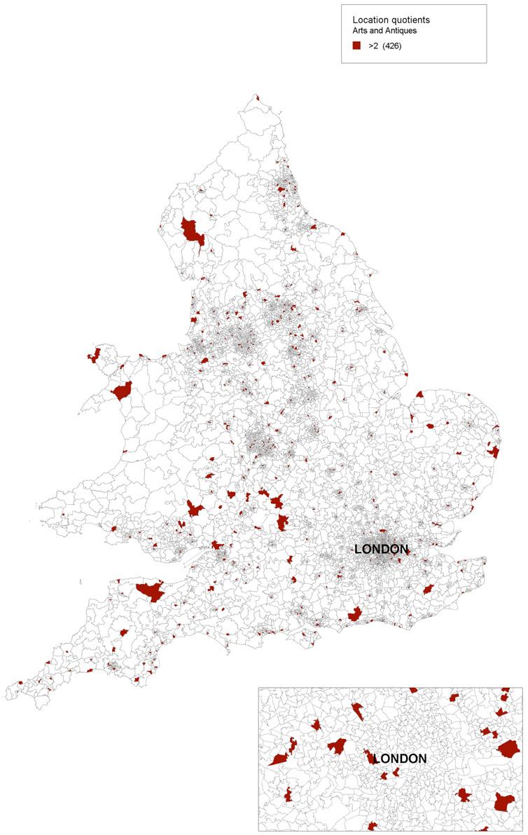 Map of England showing areas with location quotients greater than 2 for Arts and Antiquities, highlighted in red.