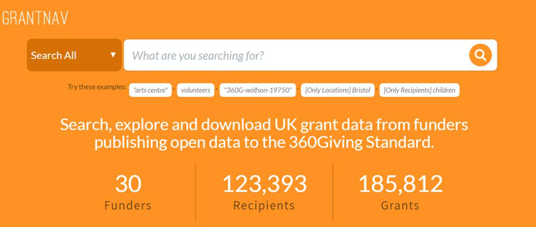 Screenshot of the GrantNav website with a search bar and statistics showing 30 Funders, 123,393 Recipients, and 185,812 Grants.