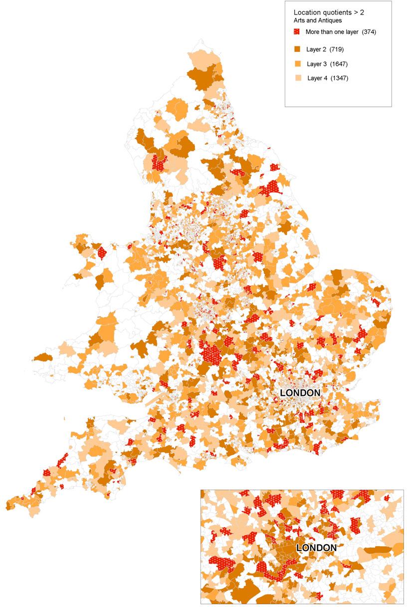 Map of England showing areas with location quotients greater than 2 for Arts and Antiquities, categorized by layers.
