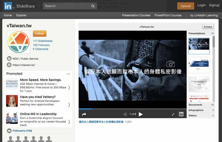 Screenshot of a SlideShare page displaying a video player, social media profile details, and follower count.