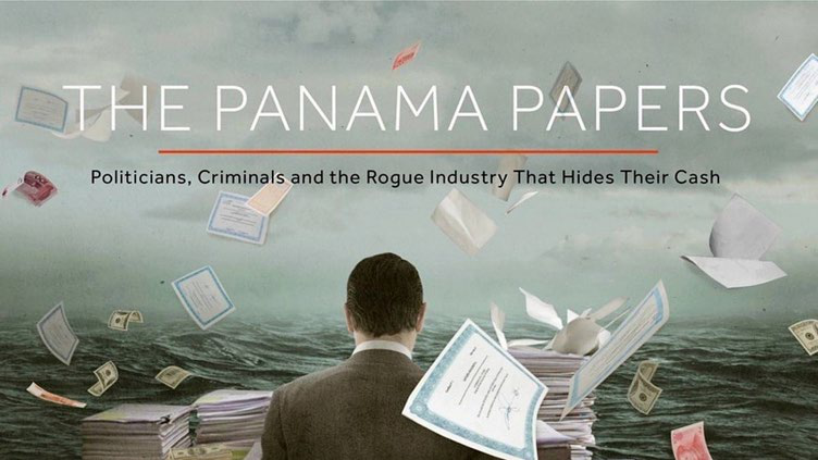 Title graphic for "The Panama Papers," showing papers and money flying over a stormy sea, symbolizing the investigative report.