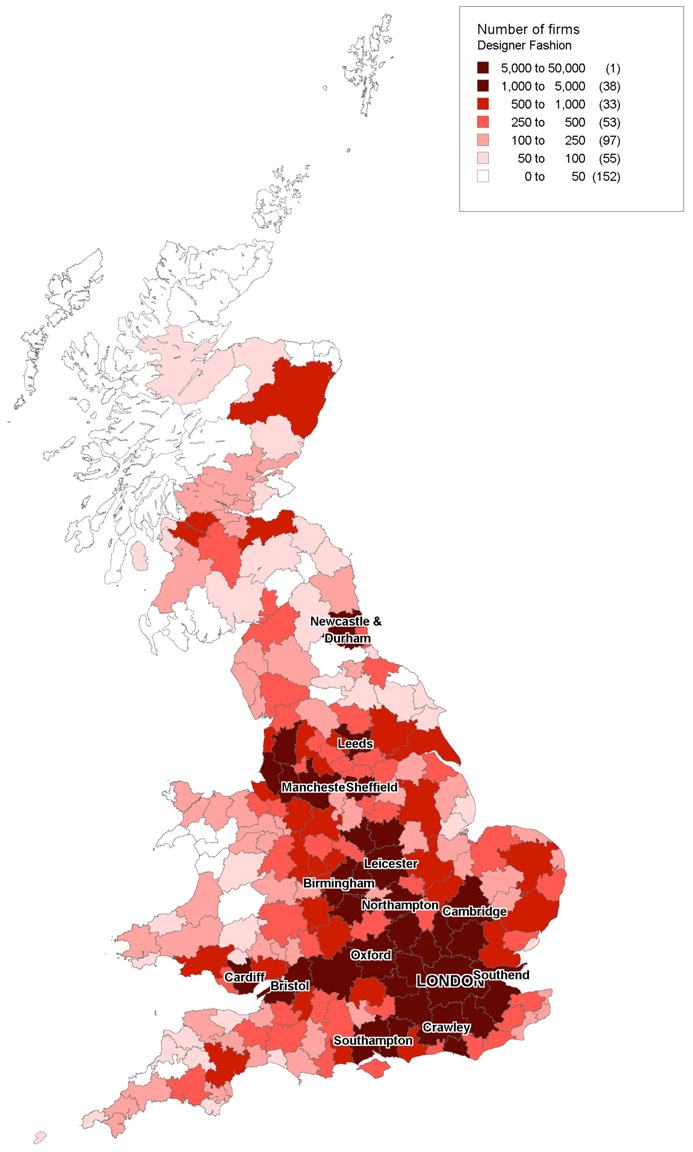 Map of UK showing the number of Designer Fashion firms per region, categorized by firm count ranges from 0-50 to 5,000-50,000.