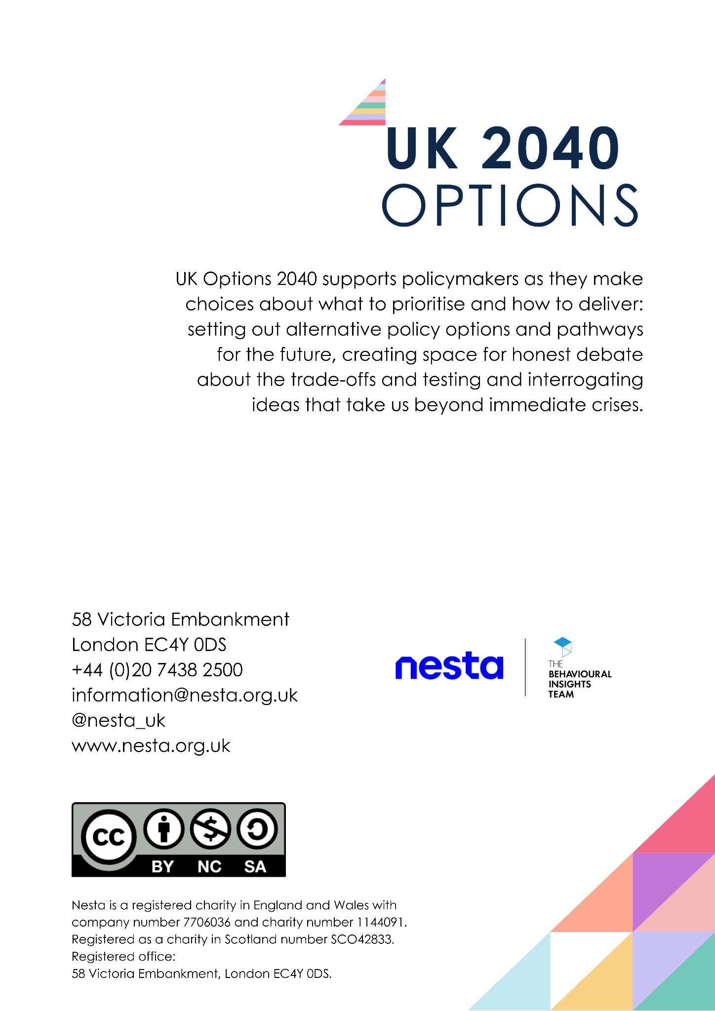 Page displaying 'UK 2040 OPTIONS' initiative description, contact information for Nesta and The Behavioural Insights Team, and Creative Commons licensing details.