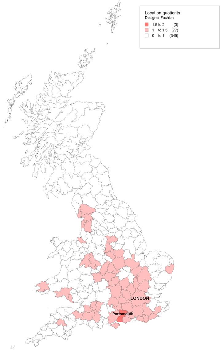 Map of UK showing regions' location quotients for Designer Fashion, categorized into ranges from 0-1 to 1.5-2.