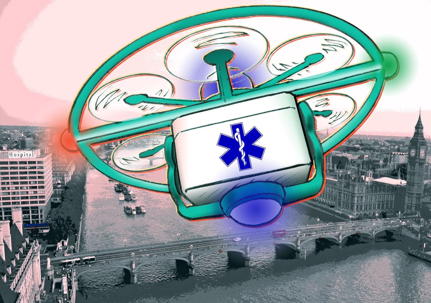 Conceptual image of a drone carrying an emergency medical kit flying over London, with Big Ben and a hospital visible.